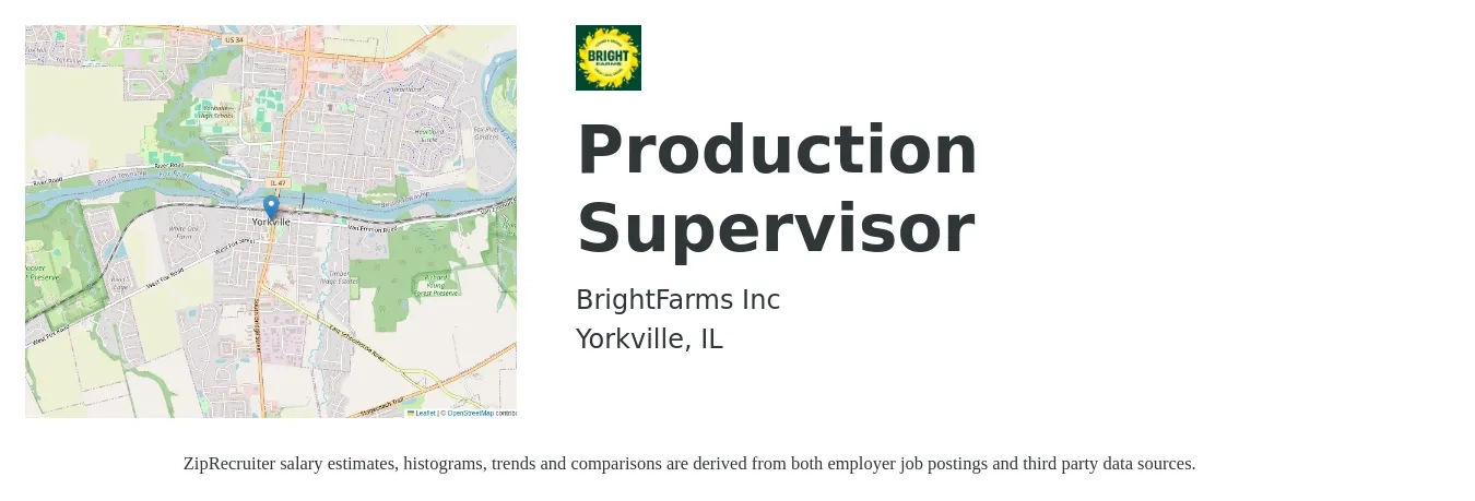 BrightFarms Inc job posting for a Production Supervisor in Yorkville, IL with a salary of $80,000 to $90,000 Yearly with a map of Yorkville location.