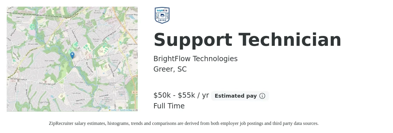 BrightFlow Technologies job posting for a Support Technician in Greer, SC with a salary of $50,000 to $55,000 Yearly with a map of Greer location.
