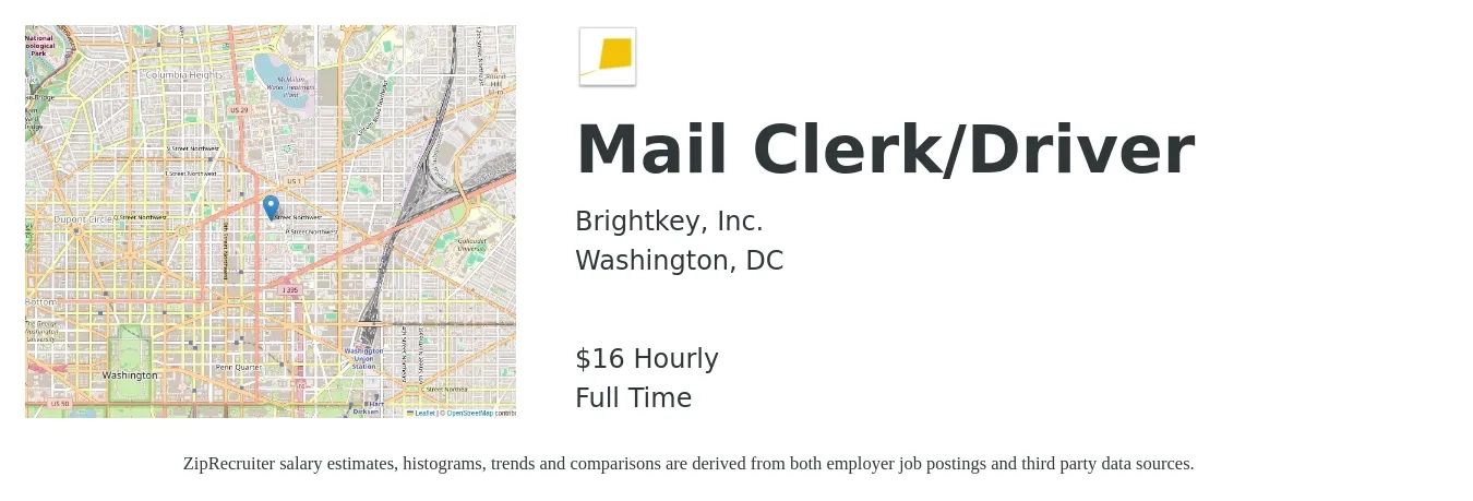 Brightkey, Inc. job posting for a Mail Clerk/Driver in Washington, DC with a salary of $18 Hourly with a map of Washington location.