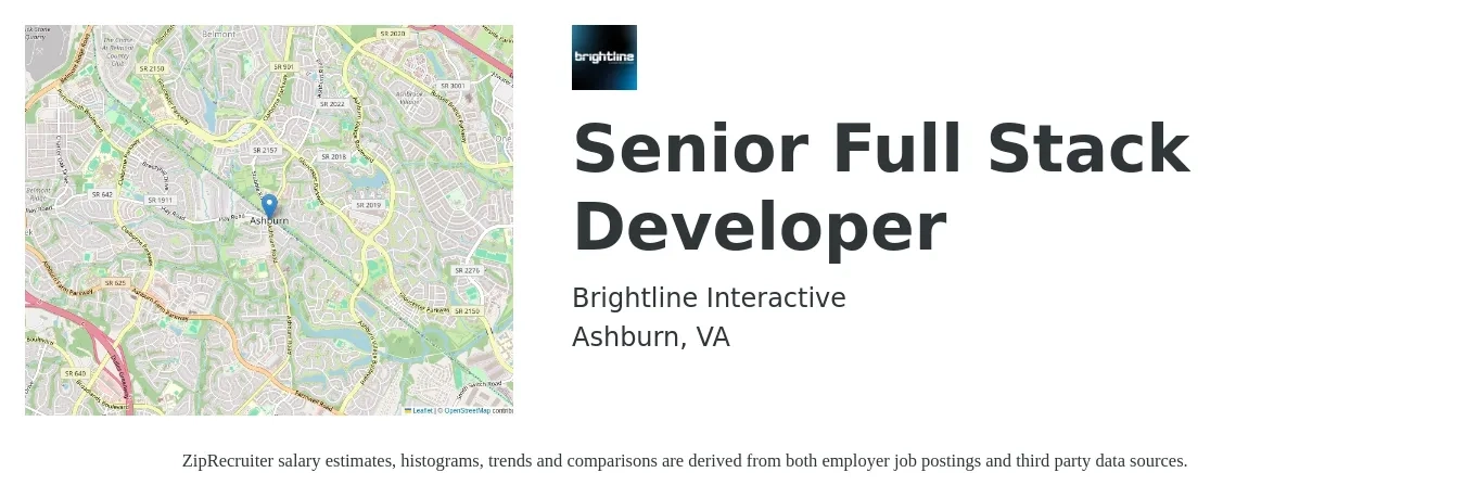 Brightline Interactive job posting for a Senior Full Stack Developer in Ashburn, VA with a salary of $52 to $72 Hourly with a map of Ashburn location.