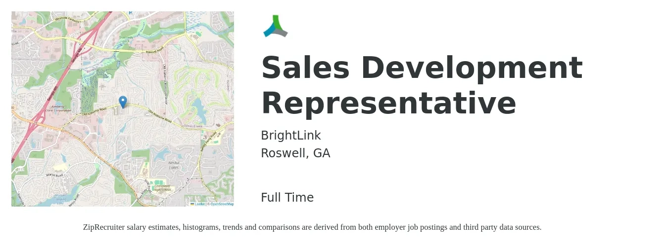 BrightLink job posting for a Sales Development Representative in Roswell, GA with a salary of $39,500 to $57,400 Yearly with a map of Roswell location.