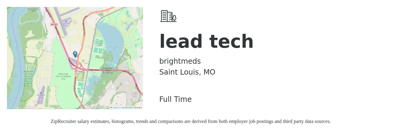 brightmeds job posting for a lead tech in Saint Louis, MO with a salary of $59,800 to $125,400 Yearly with a map of Saint Louis location.