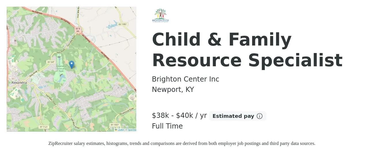 Brighton Center Inc job posting for a Child & Family Resource Specialist in Newport, KY with a salary of $38,000 to $40,000 Yearly with a map of Newport location.