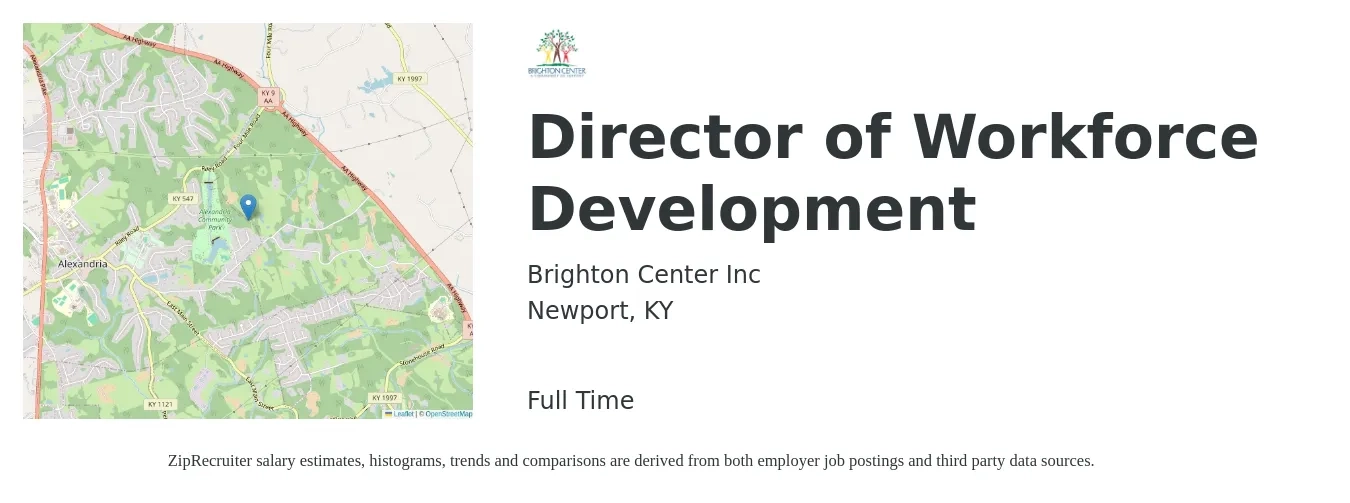 Brighton Center Inc job posting for a Director of Workforce Development in Newport, KY with a salary of $60,200 to $103,900 Yearly with a map of Newport location.