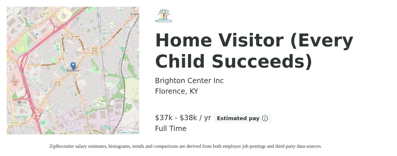 Brighton Center Inc job posting for a Home Visitor (Every Child Succeeds) in Florence, KY with a salary of $37,000 to $38,000 Yearly with a map of Florence location.