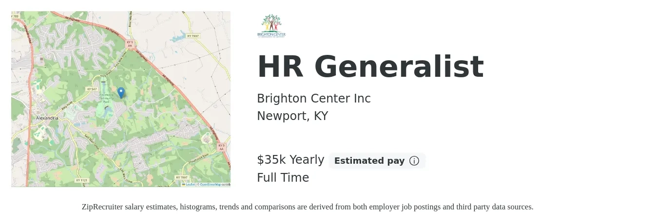 Brighton Center Inc job posting for a HR Generalist in Newport, KY with a salary of $35,568 Yearly with a map of Newport location.