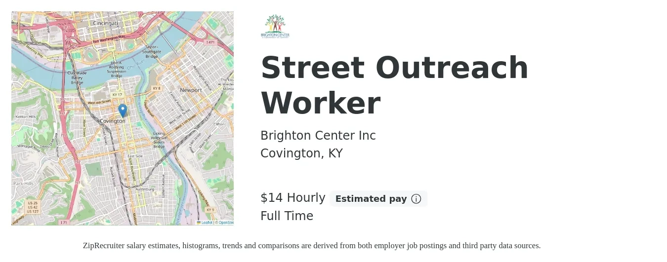 Brighton Center Inc job posting for a Street Outreach Worker in Covington, KY with a salary of $15 Hourly with a map of Covington location.