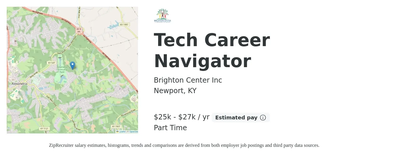 Brighton Center Inc job posting for a Tech Career Navigator in Newport, KY with a salary of $25,000 to $27,000 Yearly with a map of Newport location.