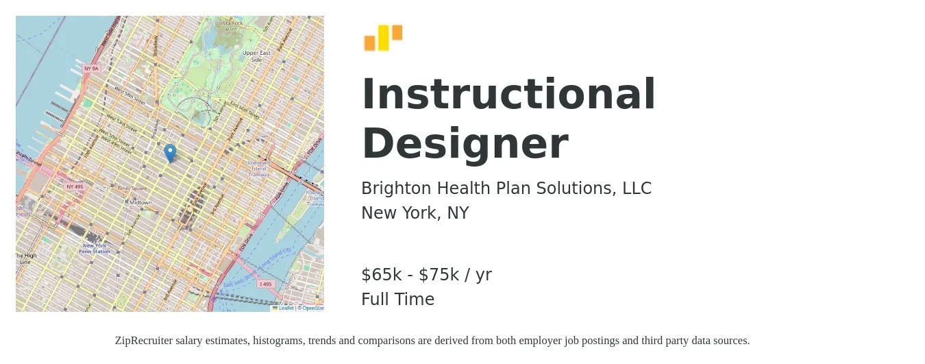 Brighton Health Plan Solutions, LLC job posting for a Instructional Designer in New York, NY with a salary of $65,000 to $75,000 Yearly with a map of New York location.