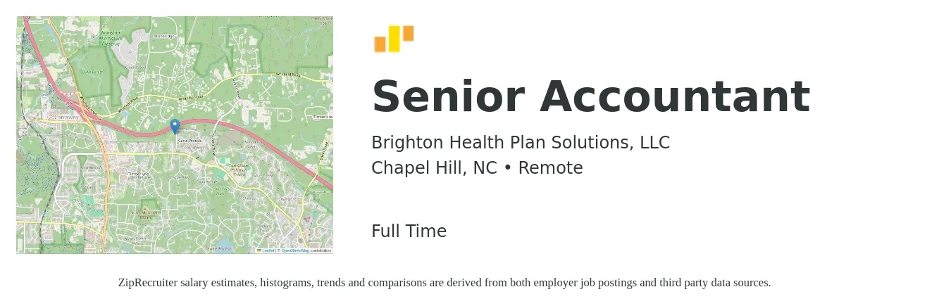 Brighton Health Plan Solutions, LLC job posting for a Senior Accountant in Chapel Hill, NC with a salary of $67,800 to $85,300 Yearly with a map of Chapel Hill location.