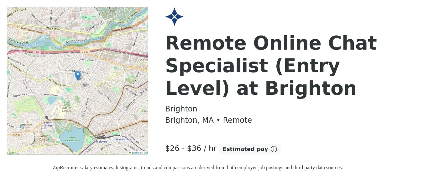 Brighton job posting for a Remote Online Chat Specialist (Entry Level) at Brighton in Brighton, MA with a salary of $28 to $38 Hourly with a map of Brighton location.