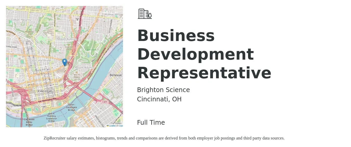Brighton Science job posting for a Business Development Representative in Cincinnati, OH with a salary of $41,500 to $64,600 Yearly with a map of Cincinnati location.