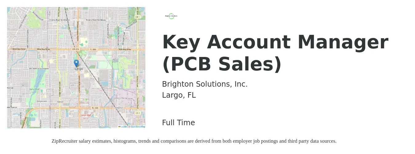 Brighton Solutions, Inc. job posting for a Key Account Manager (PCB Sales) in Largo, FL with a salary of $62,400 to $94,900 Yearly with a map of Largo location.