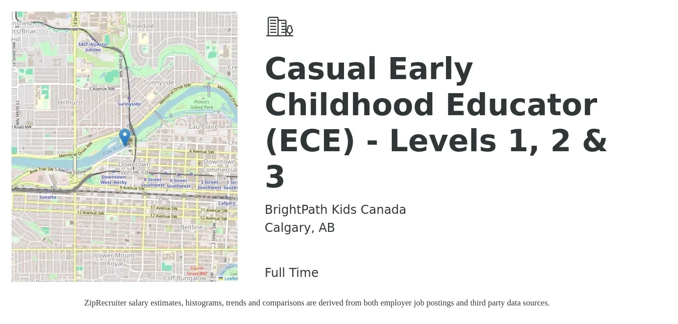 BrightPath Kids Canada job posting for a Casual Early Childhood Educator (ECE) - Levels 1, 2 & 3 in Calgary, AB with a map of Calgary location.