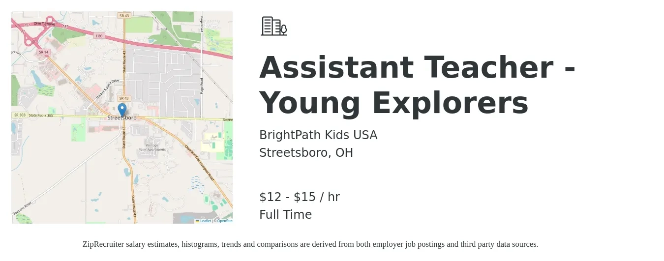 BrightPath Kids USA job posting for a Assistant Teacher - Young Explorers in Streetsboro, OH with a salary of $12 to $16 Hourly with a map of Streetsboro location.