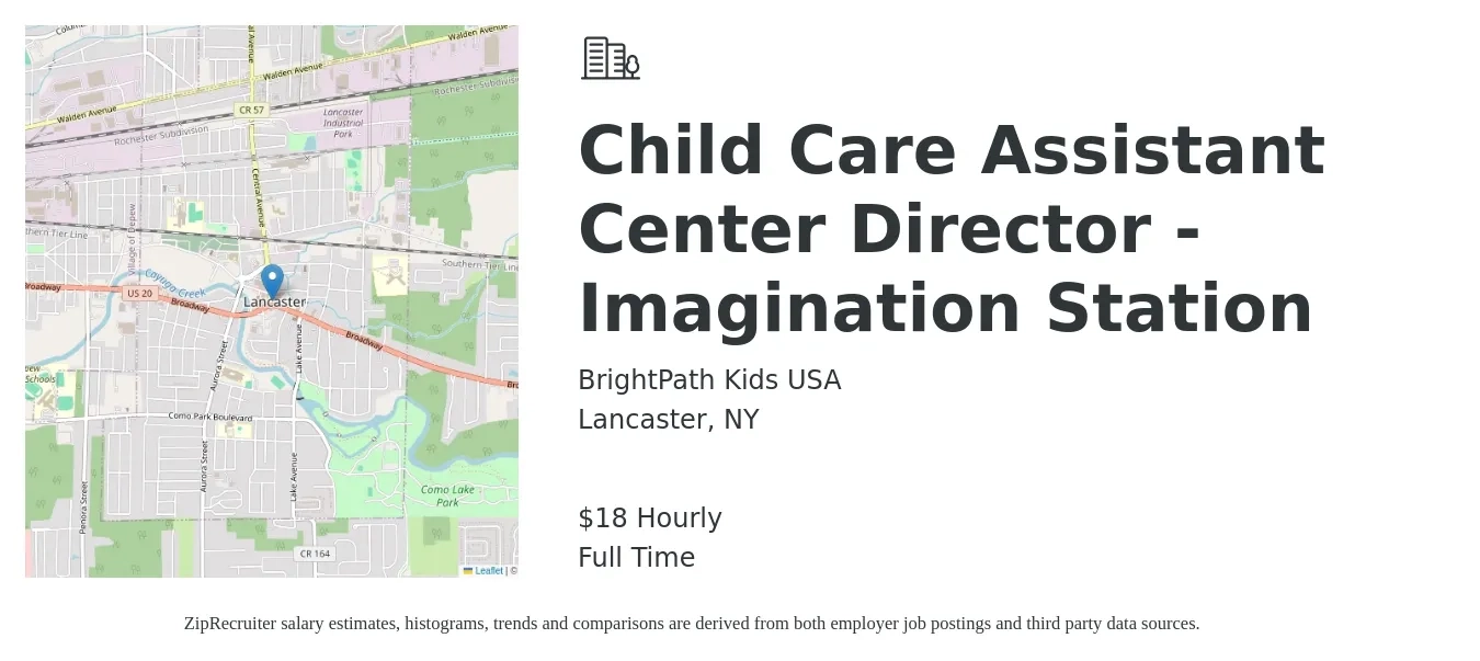 BrightPath Kids USA job posting for a Child Care Assistant Center Director - Imagination Station in Lancaster, NY with a salary of $19 Hourly with a map of Lancaster location.