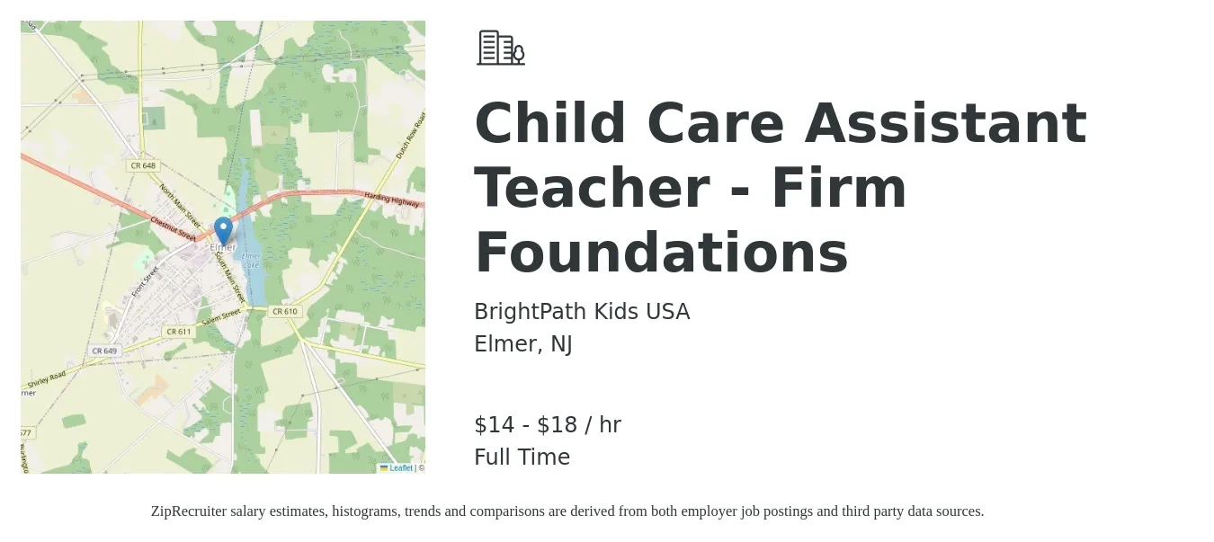 BrightPath Kids USA job posting for a Child Care Assistant Teacher - Firm Foundations in Elmer, NJ with a salary of $15 to $19 Hourly with a map of Elmer location.