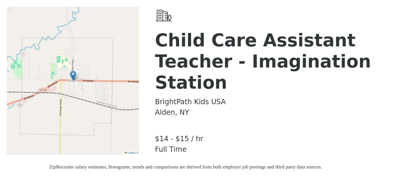 BrightPath Kids USA job posting for a Child Care Assistant Teacher - Imagination Station in Alden, NY with a salary of $15 to $16 Hourly with a map of Alden location.