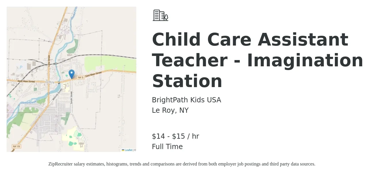 BrightPath Kids USA job posting for a Child Care Assistant Teacher - Imagination Station in Le Roy, NY with a salary of $15 to $16 Hourly with a map of Le Roy location.