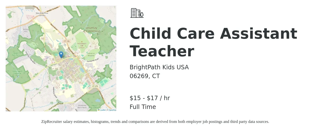 BrightPath Kids USA job posting for a Child Care Assistant Teacher in 06269, CT with a salary of $16 to $18 Hourly with a map of 06269 location.