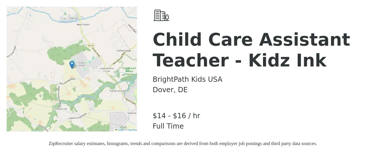 BrightPath Kids USA job posting for a Child Care Assistant Teacher - Kidz Ink in Dover, DE with a salary of $15 to $17 Hourly with a map of Dover location.