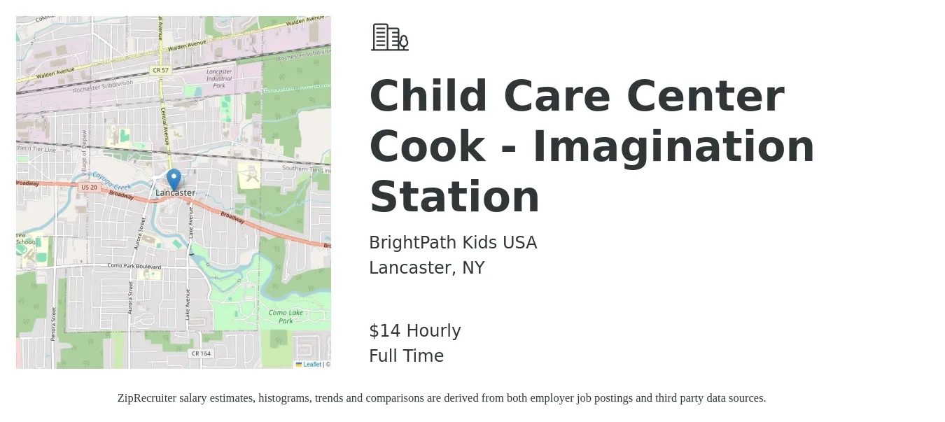BrightPath Kids USA job posting for a Child Care Center Cook - Imagination Station in Lancaster, NY with a salary of $15 Hourly with a map of Lancaster location.