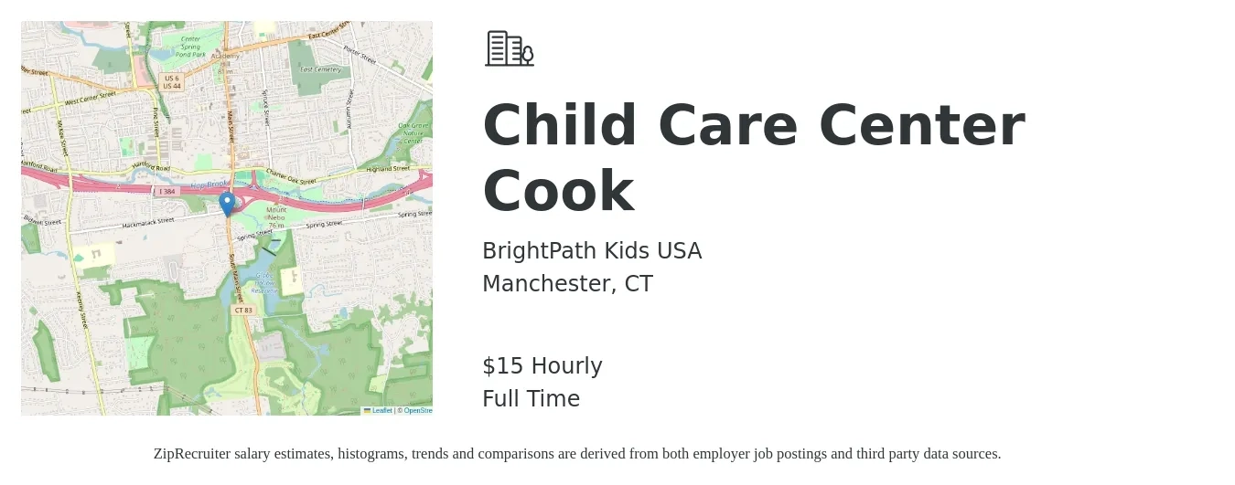 BrightPath Kids USA job posting for a Child Care Center Cook in Manchester, CT with a salary of $16 to $16 Hourly with a map of Manchester location.