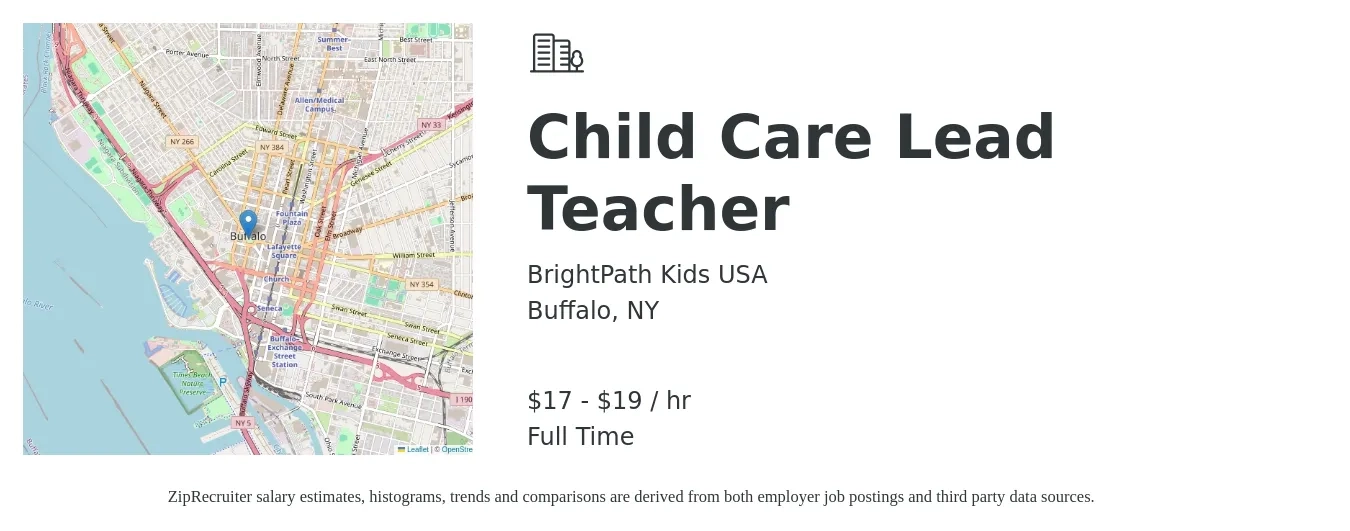 BrightPath Kids USA job posting for a Child Care Lead Teacher in Buffalo, NY with a salary of $18 to $20 Hourly with a map of Buffalo location.
