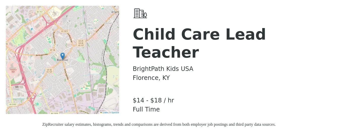 BrightPath Kids USA job posting for a Child Care Lead Teacher in Florence, KY with a salary of $15 to $19 Hourly with a map of Florence location.
