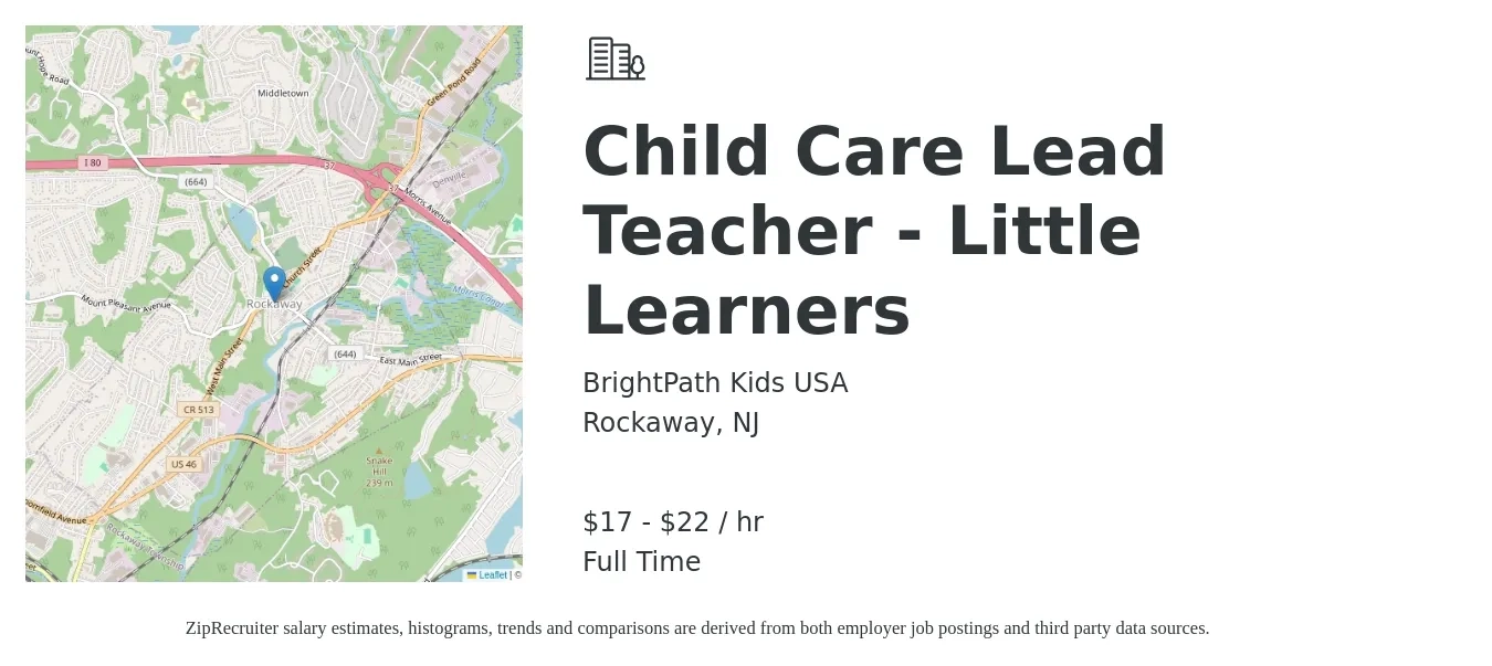 BrightPath Kids USA job posting for a Child Care Lead Teacher - Little Learners in Rockaway, NJ with a salary of $18 to $23 Hourly with a map of Rockaway location.