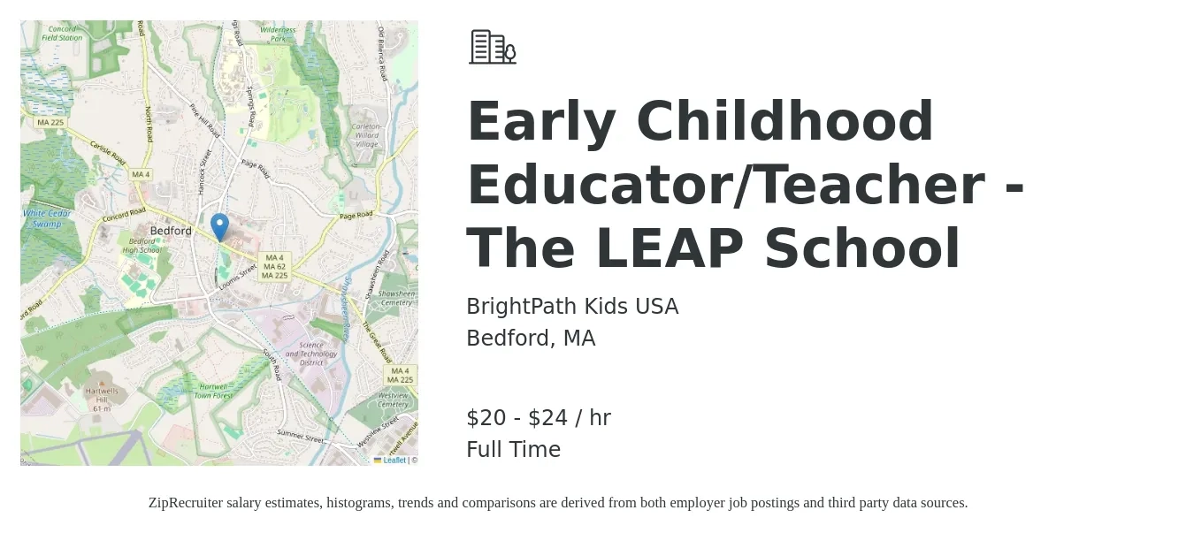 BrightPath Kids USA job posting for a Early Childhood Educator/Teacher - The LEAP School in Bedford, MA with a salary of $21 to $25 Hourly with a map of Bedford location.