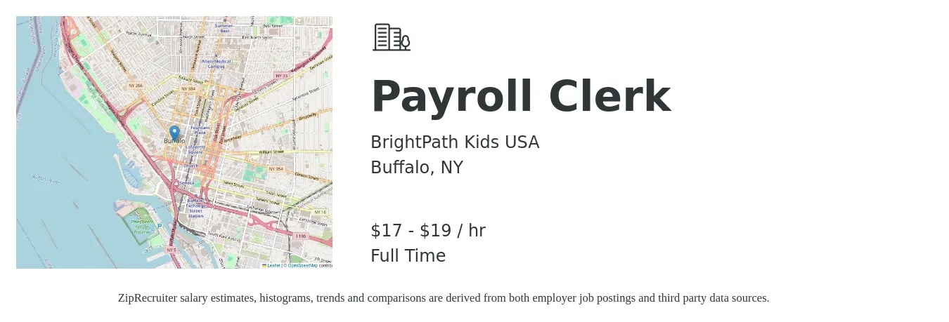 BrightPath Kids USA job posting for a Payroll Clerk in Buffalo, NY with a salary of $18 to $20 Hourly with a map of Buffalo location.