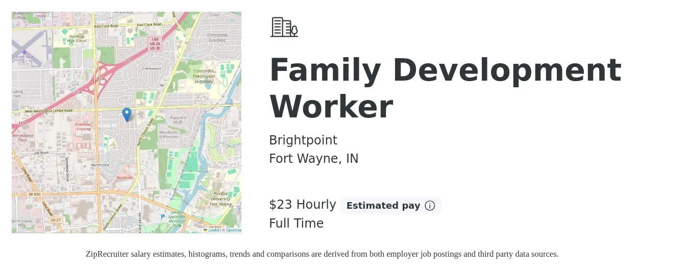 Brightpoint job posting for a Family Development Worker in Fort Wayne, IN with a salary of $23 to $24 Hourly with a map of Fort Wayne location.