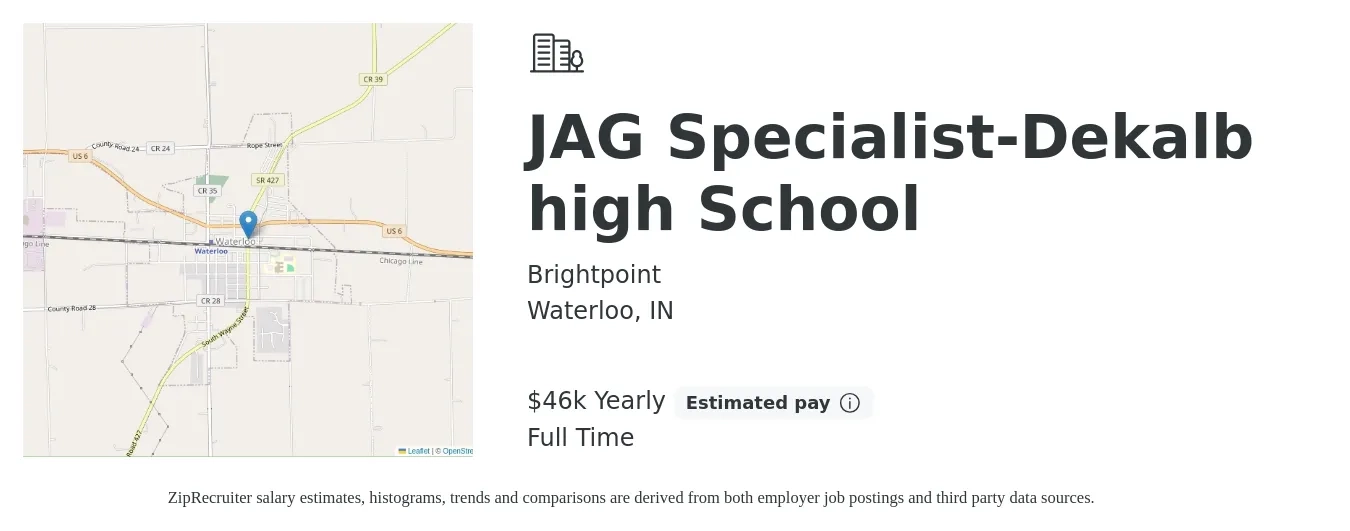 Brightpoint job posting for a JAG Specialist-Dekalb high School in Waterloo, IN with a salary of $46,010 to $46,010 Yearly with a map of Waterloo location.