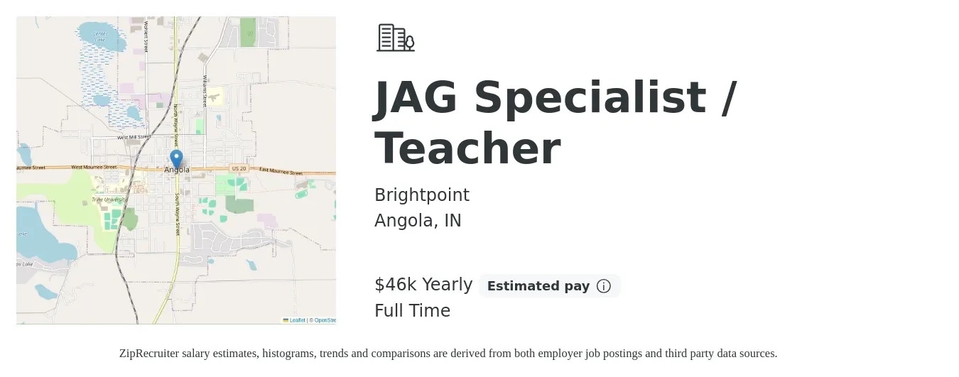 Brightpoint job posting for a JAG Specialist / Teacher in Angola, IN with a salary of $46,010 to $46,010 Yearly with a map of Angola location.