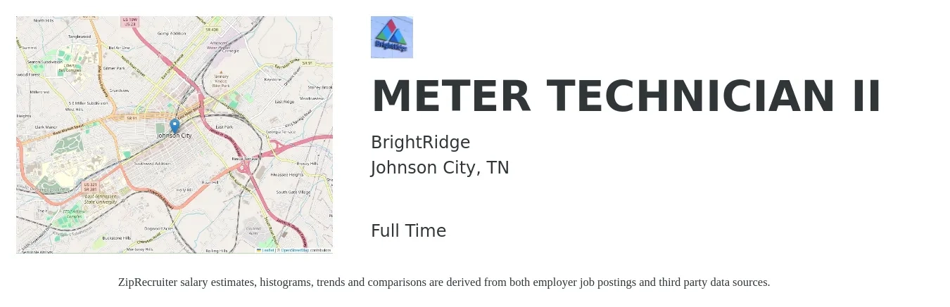 BrightRidge job posting for a METER TECHNICIAN II in Johnson City, TN with a salary of $17 to $26 Hourly with a map of Johnson City location.