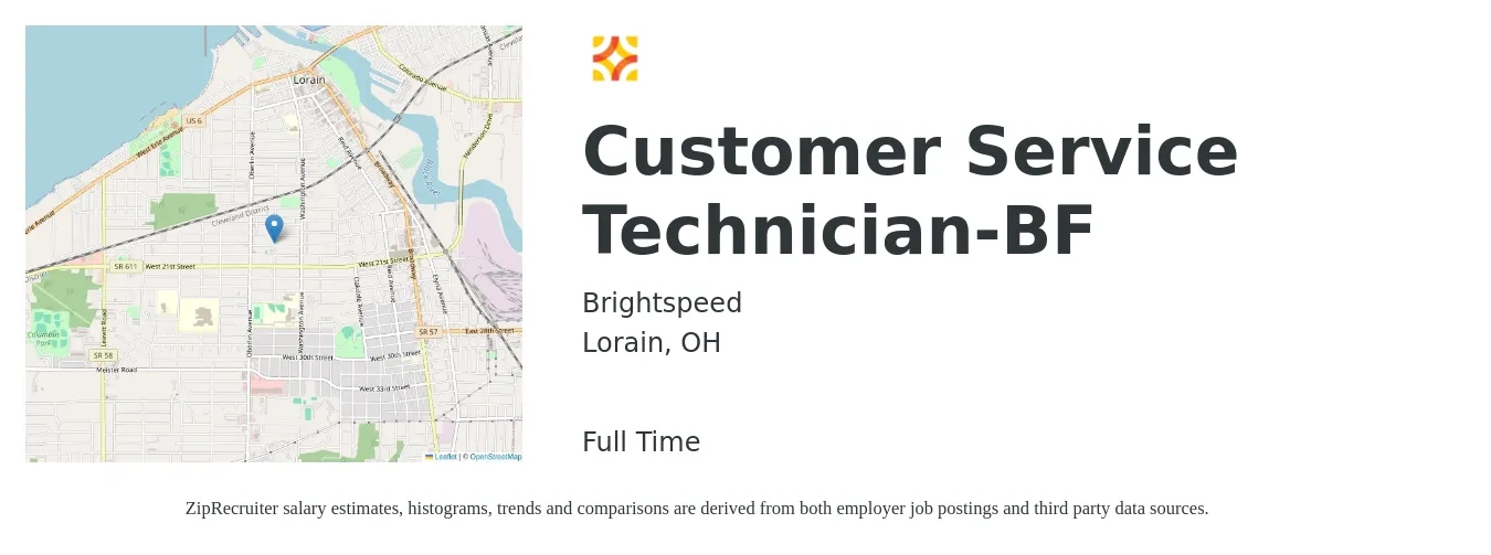 Brightspeed job posting for a Customer Service Technician-BF in Lorain, OH with a salary of $16 to $22 Hourly with a map of Lorain location.