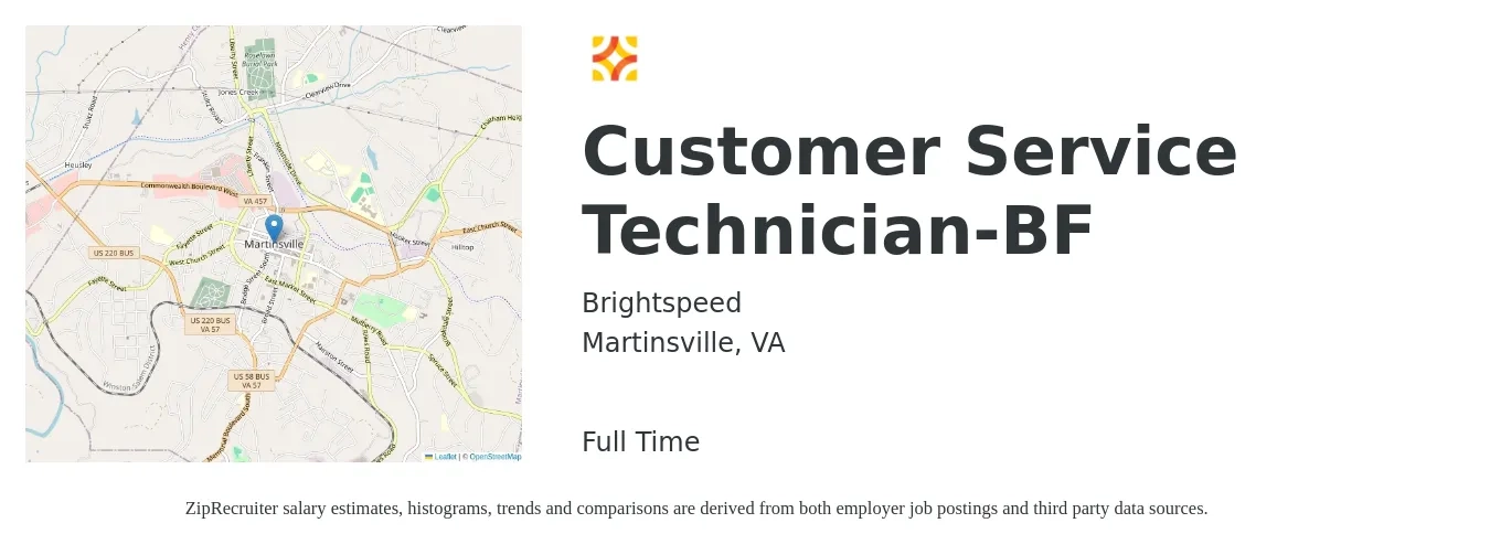 Brightspeed job posting for a Customer Service Technician-BF in Martinsville, VA with a salary of $16 to $22 Hourly with a map of Martinsville location.