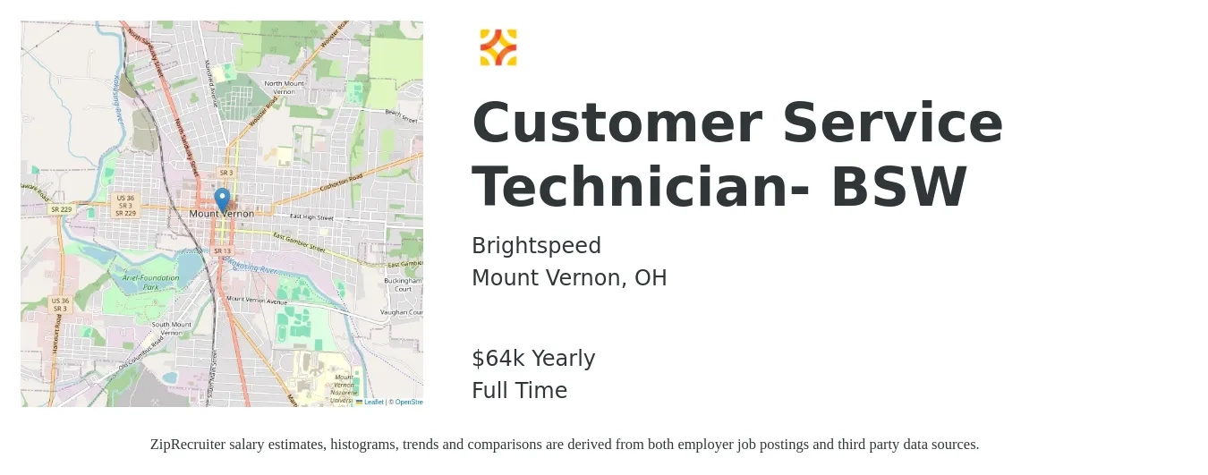 Brightspeed job posting for a Customer Service Technician- BSW in Mount Vernon, OH with a salary of $64,000 Yearly with a map of Mount Vernon location.