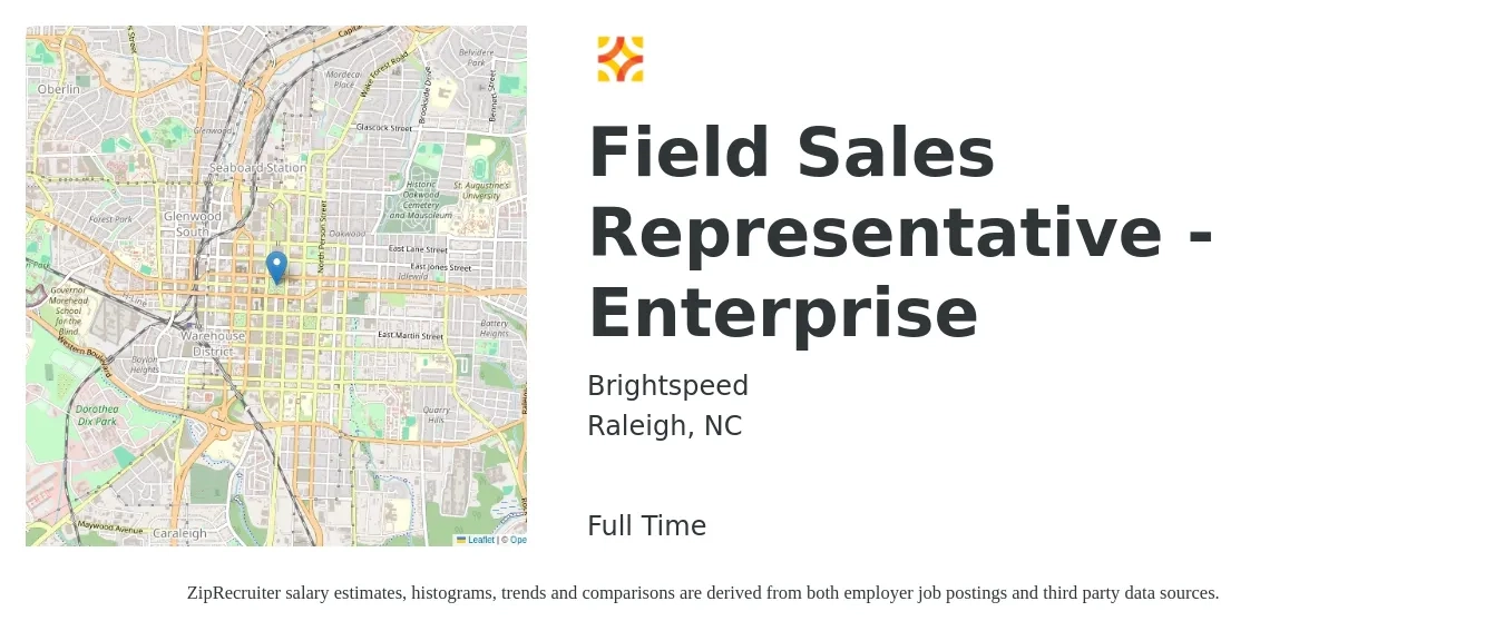 Brightspeed job posting for a Field Sales Representative - Enterprise in Raleigh, NC with a salary of $20 to $27 Hourly with a map of Raleigh location.