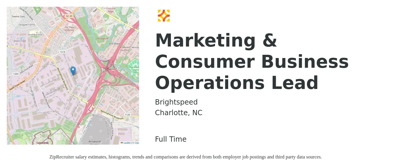 Brightspeed job posting for a Marketing & Consumer Business Operations Lead in Charlotte, NC with a salary of $53,700 to $138,500 Yearly with a map of Charlotte location.