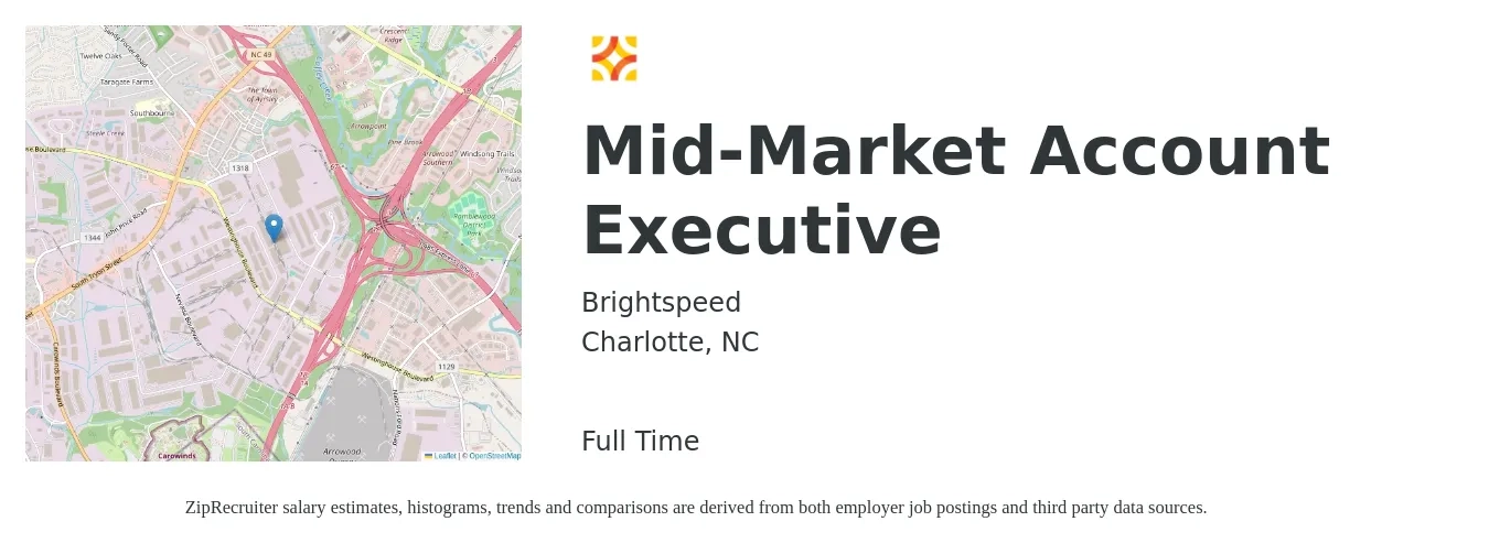 Brightspeed job posting for a Mid-Market Account Executive in Charlotte, NC with a salary of $52,700 to $92,700 Yearly with a map of Charlotte location.