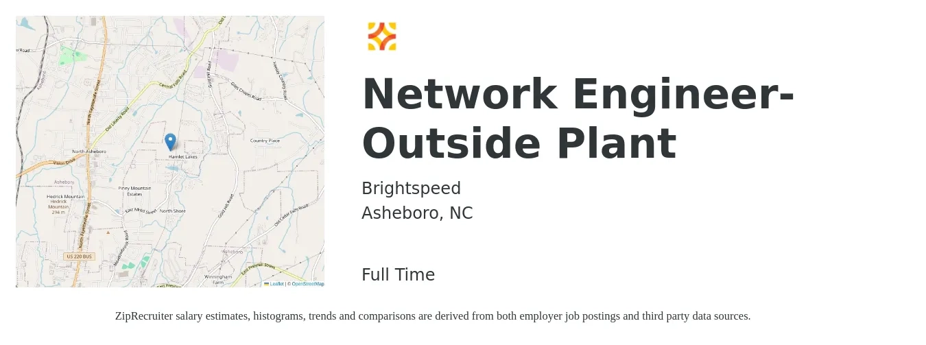 Brightspeed job posting for a Network Engineer- Outside Plant in Asheboro, NC with a salary of $61,100 to $92,300 Yearly with a map of Asheboro location.