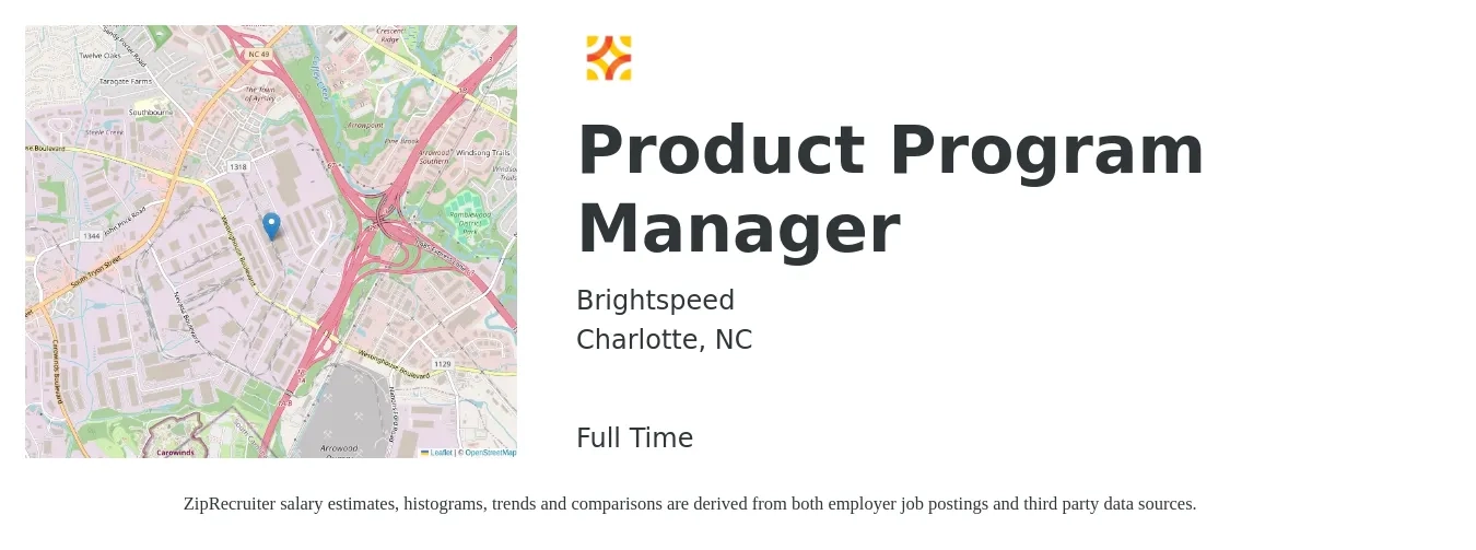 Brightspeed job posting for a Product Program Manager in Charlotte, NC with a salary of $137,600 to $192,200 Yearly with a map of Charlotte location.