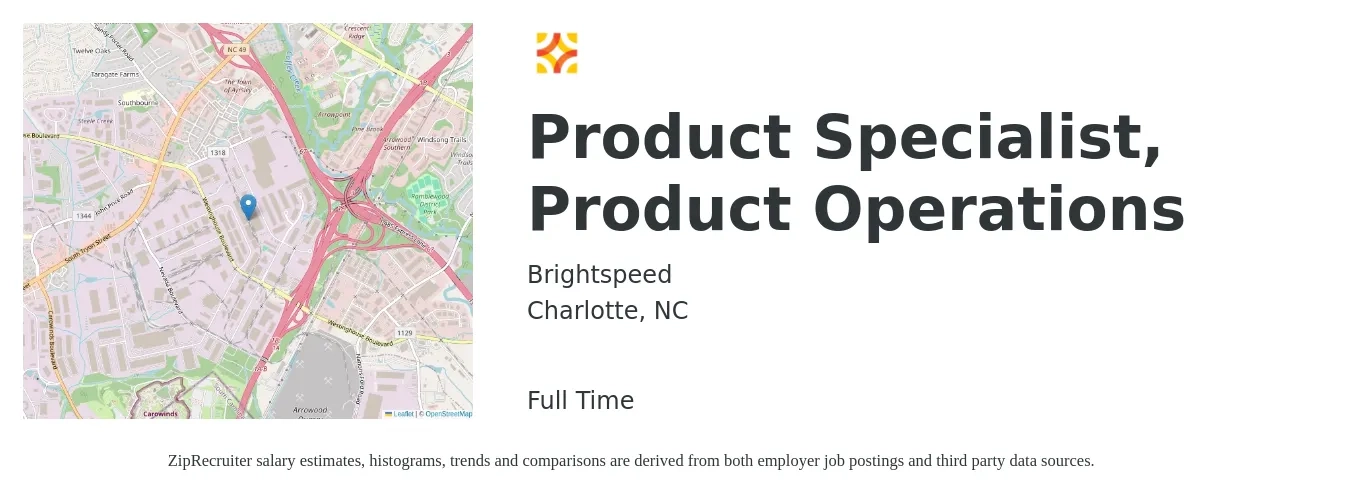 Brightspeed job posting for a Product Specialist, Product Operations in Charlotte, NC with a salary of $17 to $34 Hourly with a map of Charlotte location.