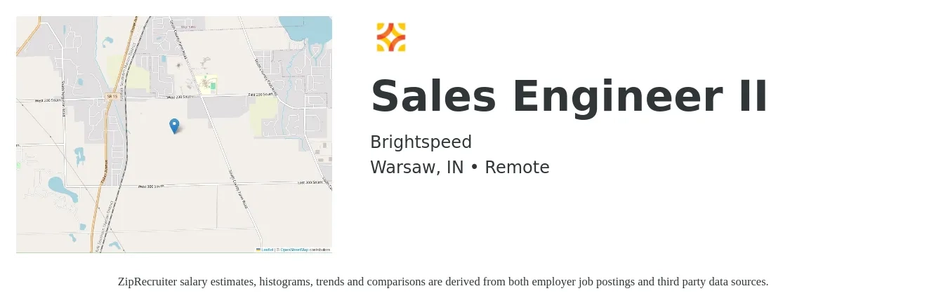 BrightSpeed job posting for a Sales Engineer II in Warsaw, IN with a salary of $63,400 to $95,100 Yearly with a map of Warsaw location.