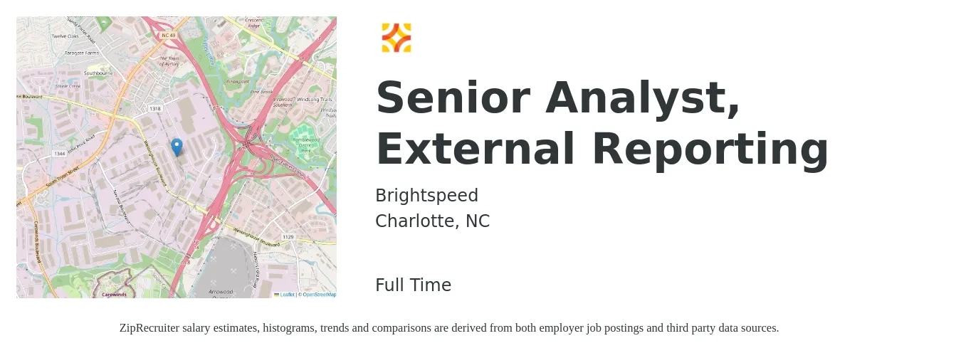 Brightspeed job posting for a Senior Analyst, External Reporting in Charlotte, NC with a salary of $83,400 to $103,900 Yearly with a map of Charlotte location.