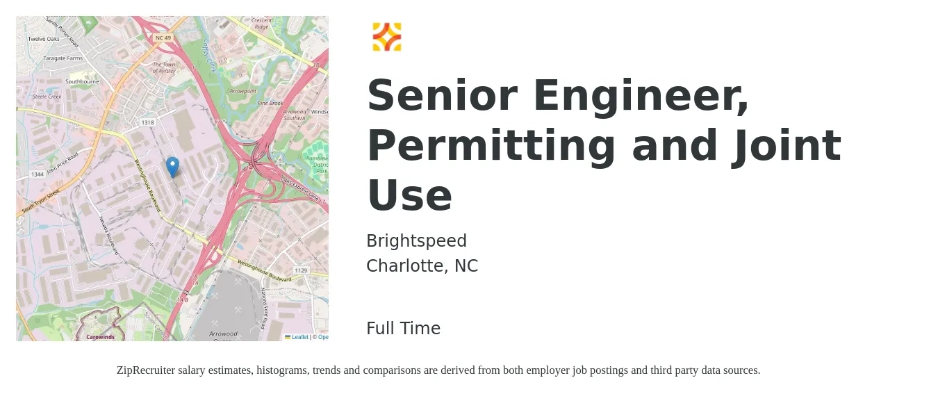 Brightspeed job posting for a Senior Engineer, Permitting and Joint Use in Charlotte, NC with a salary of $102,100 to $140,200 Yearly with a map of Charlotte location.