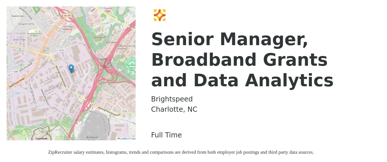 Brightspeed job posting for a Senior Manager, Broadband Grants and Data Analytics in Charlotte, NC with a salary of $60,600 to $84,000 Yearly with a map of Charlotte location.
