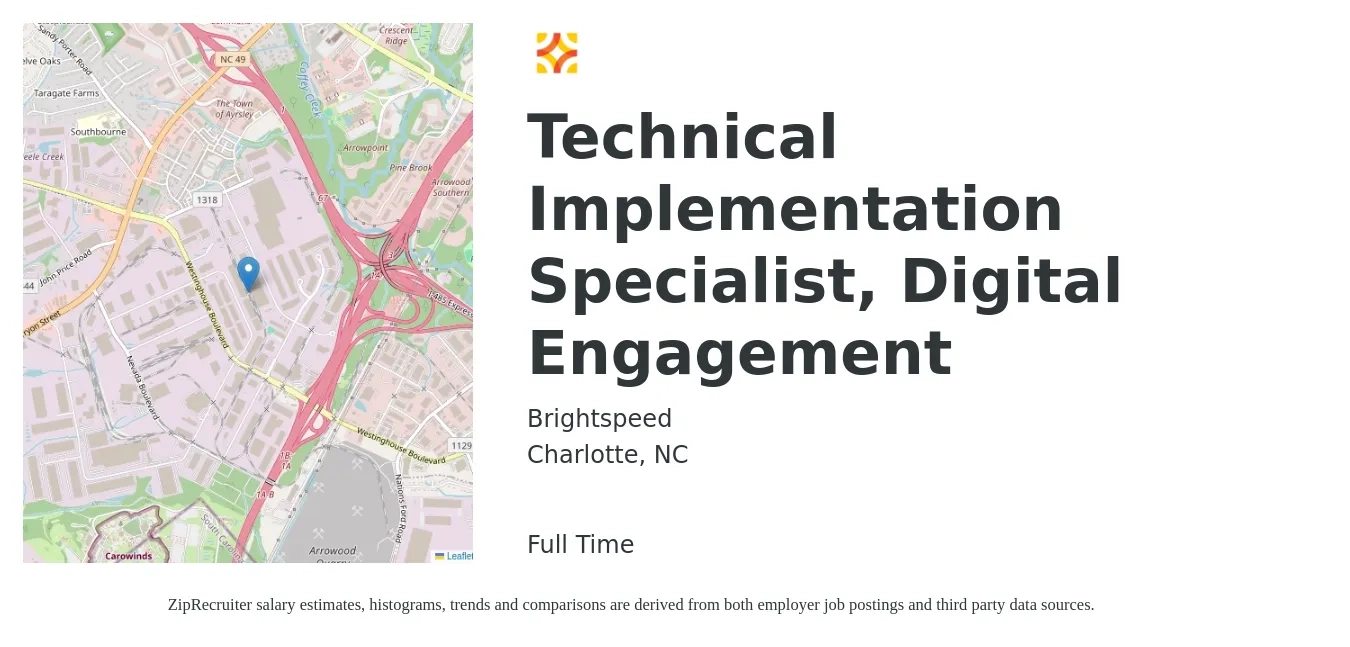 Brightspeed job posting for a Technical Implementation Specialist, Digital Engagement in Charlotte, NC with a salary of $36,600 to $42,000 Yearly with a map of Charlotte location.